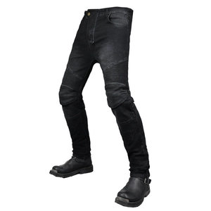 Men's black washed motorcycle riding jeans with knee protection and elastic pleats