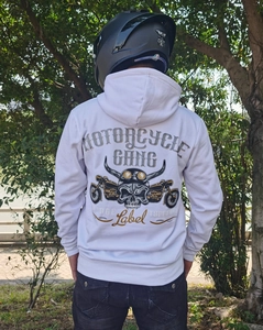 Rear view of white motorcycle hoodie featuring a vintage skull and biker back print