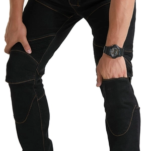 Detail of motorcycle jeans with accordion stretch panels and orange contrast stitching