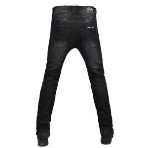 Men's black motorcycle racing jeans with stretch panels and protective back pocket design