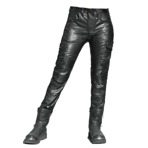 Detail of waterproof motorcycle cargo pants with knee accordion panels and metal buttons
