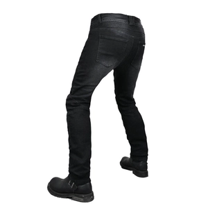 Men's black motorcycle riding jeans with accordion stretch panels for flexibility