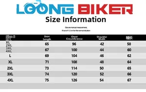 Detailed size chart for motorcycle riding hoodie including bust and shoulder measurements