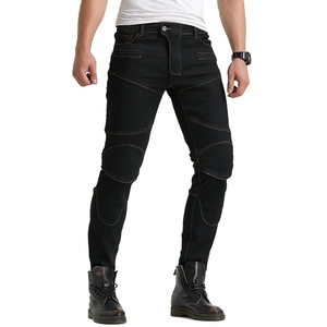 Men's black motorcycle jeans with stretch accordion panels and protective rider design