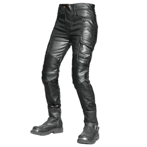 Black leather motorcycle pants for women with knee protection pads and cargo pockets