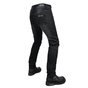 Rear view of black motorcycle jeans showing accordion stretch panels and Moto logo
