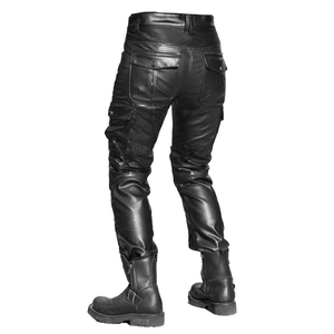 Women's waterproof black motorcycle cargo pants with quilted leather stretch panels