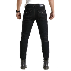 Slim fit motorcycle jeans with yellow contrast stitching and accordion stretch panels