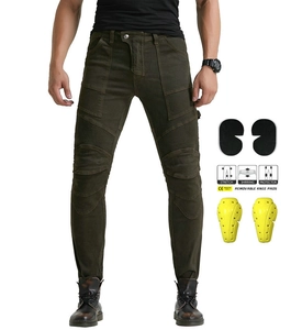Détail du pantalon moto vert armée avec zones extensibles et protections de genoux CE
