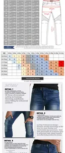 Detailed size chart for motorcycle jeans with waist and length measurements in cm and inches