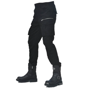 Detail of black motorcycle cargo pants with large metal zipper pockets and reinforced stitching