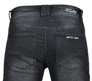 Detail view of motorcycle jeans featuring accordion stretch panels and rear logo embroidery