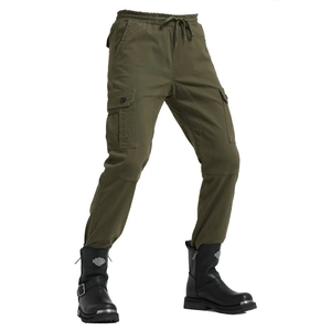 Detailed view of army green cargo pants featuring drawstring waist and large flap pockets