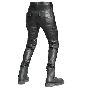 Detail of waterproof coated black motorcycle pants with protective knee padding and pockets