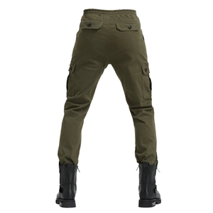 Detail view of military green cargo joggers featuring drawstring waist and functional back pockets