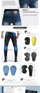 Detail of motorcycle jeans with CE-certified armor pads and elastic waist pleats