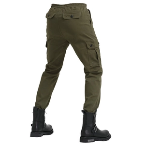 Rear view of olive green cargo pants with drawstring waist and large flap pockets
