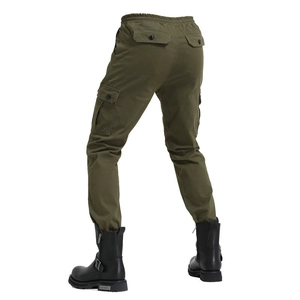 Rear view of army green cargo pants with elastic waist and large back flap pockets