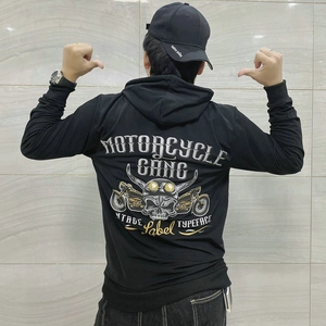 Men's motorcycle hoodie jacket with vintage skull and bike print on the back view