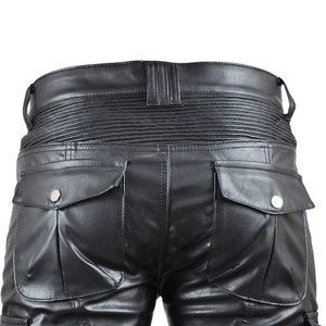Detail of black motorcycle leather pants with quilted waist and metal button pocket