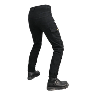Detail of motorcycle cargo pants featuring knee accordion panels and elastic back waist