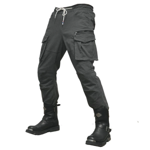 Detail view of dark grey cargo motorcycle pants with multi-pockets and drawstring waist