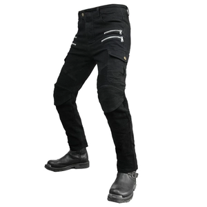 Detail of black motorcycle cargo pants with zipper pockets and reinforced knee panels