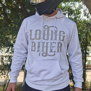 White hooded motorcycle riding sweatshirt with Young Biker print and front pocket