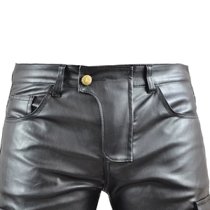 Detail of high-gloss black PU motorcycle pants showing waist texture and gold button