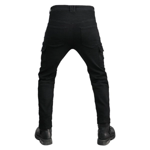 Back view of black motorcycle cargo pants showing ergonomic stretch panels and pockets