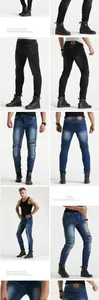 Detail view of motorcycle jeans featuring accordion stretch panels on knees and back waist