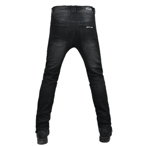 Black motorcycle racing jeans with protective stretch panels and Moto Jeans branding
