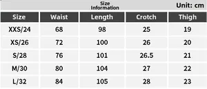 Size information chart for women motorcycle jeans featuring waist and length in centimeters