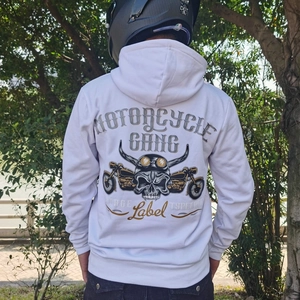 White motorcycle hoodie featuring vintage biker graphic with skull and motorbikes print