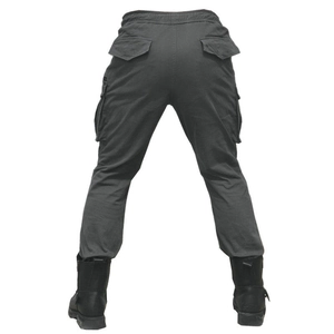 Rear view of slim fit motorcycle cargo pants with tactical boots and utility pockets