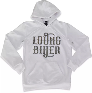 White hooded motorcycle riding sweatshirt with LOUNG BIKER print and kangaroo pocket