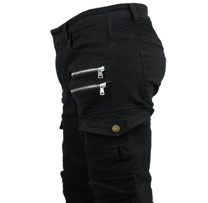 Detail of black motorcycle cargo jeans showing pleated knees and side zipper pockets
