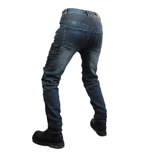 Mens blue motorcycle riding jeans with protective stretch panels and cargo pockets
