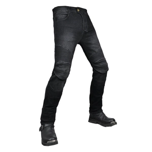 Men's motorcycle denim pants in dark grey with protective knee pleats and slim fit style