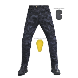 Detail of military green camo motorcycle pants featuring removable CE hip and knee pads