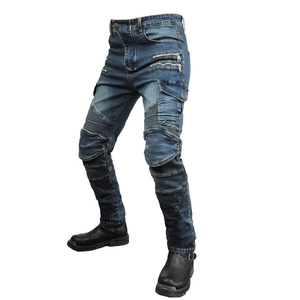 Detail of accordion stretch panels and cargo pockets on navy motorcycle riding jeans