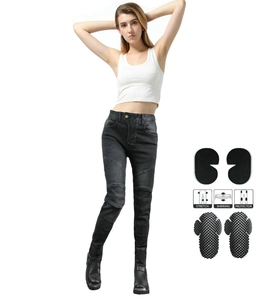 Women's motorcycle jeans detail showing protective pads and stretch shirring knee panels