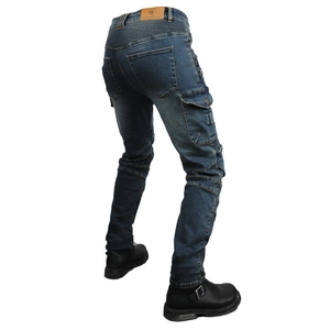 Men's motorcycle denim cargo pants with flexible knee panels and protective gear pockets