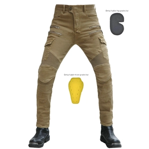 Khaki motorcycle cargo pants with multiple pockets and detachable CE knee and hip protectors