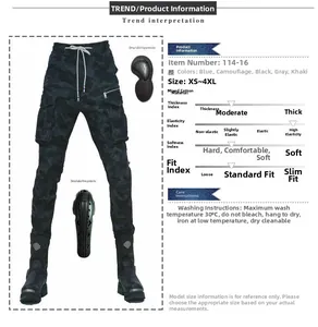 Detail view of cargo motorcycle pants featuring protective knee pads and material specs