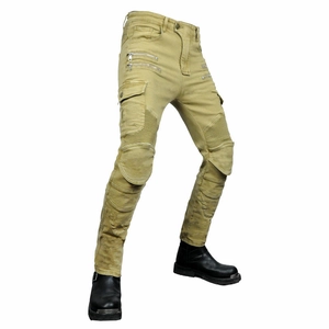 Detail of khaki motorcycle cargo pants featuring reinforced knee pleats and tactical pockets