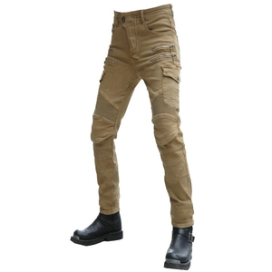 Men's khaki motorcycle cargo pants with knee protectors and multi-zipper pockets
