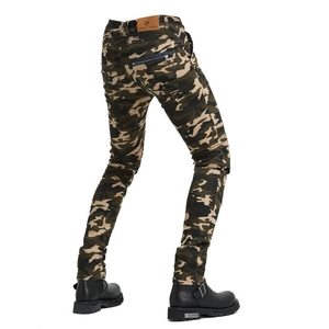 Men's camouflage motorcycle jeans with protective gear and pleated stretch panels