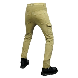 Macro view of khaki motorcycle jeans featuring accordion stretch panels and cargo pockets