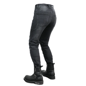 Detail of stretch accordion panels on knees of black motorcycle denim riding jeans